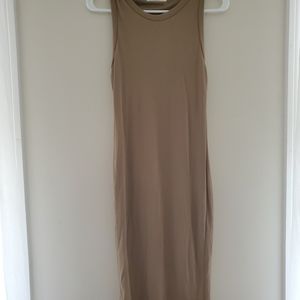 Form-fitting nude midi dress